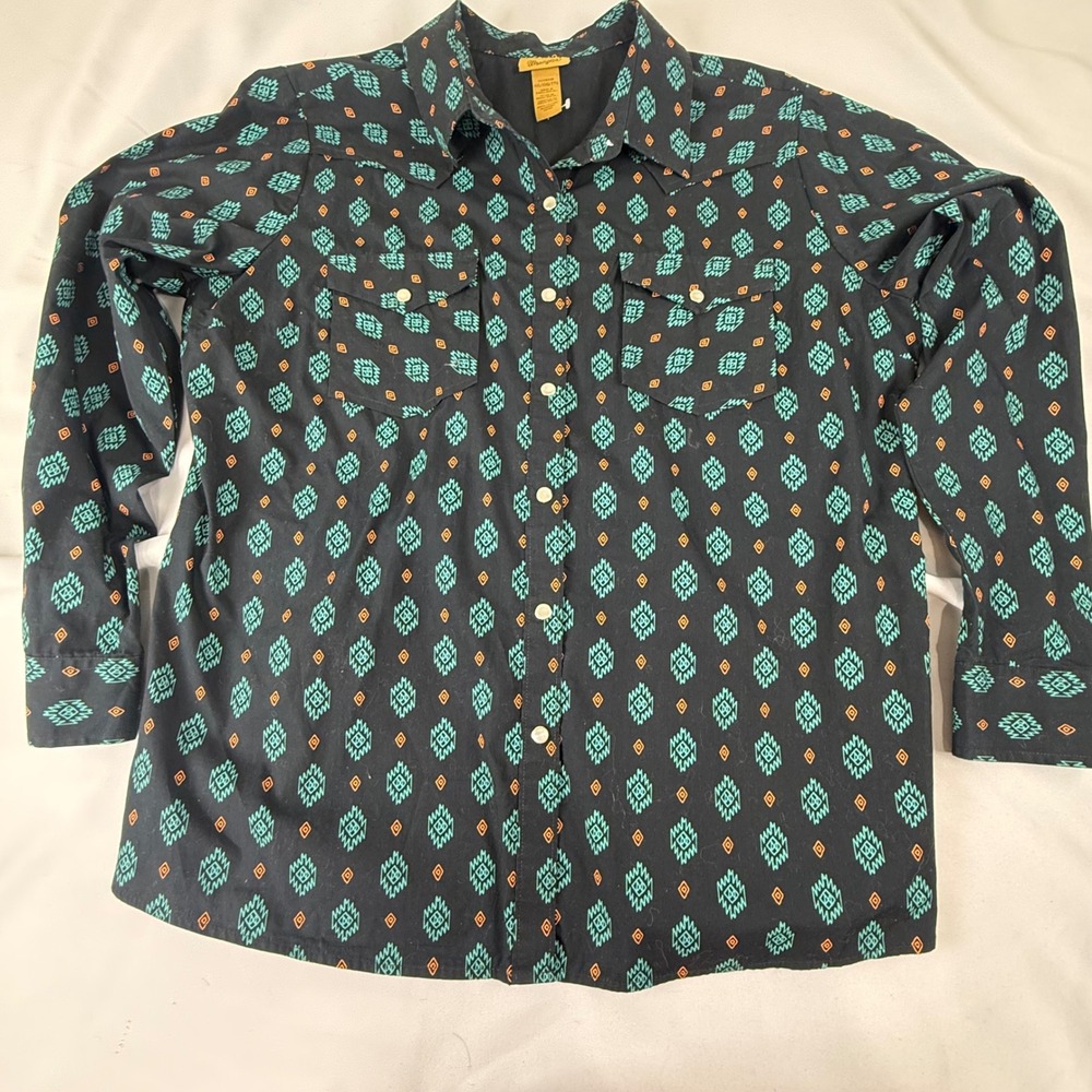 Wrangler Men's‎ XXL Pearl Snap Western Shirt Black Aztec Southwestern Cotton